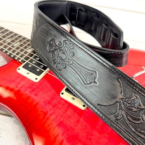 Walker & Williams Black Padded Guitar Strap with Christian Tooling & Cross