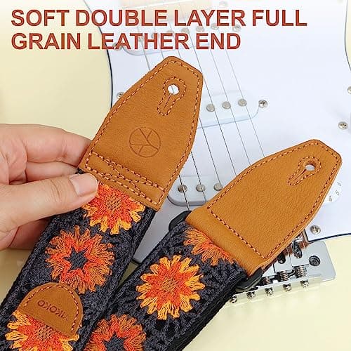 Floral Cotton Guitar Strap 2" Full Grain Leather Ends, Bass/Electric/Acoustic, Free Button & Picks