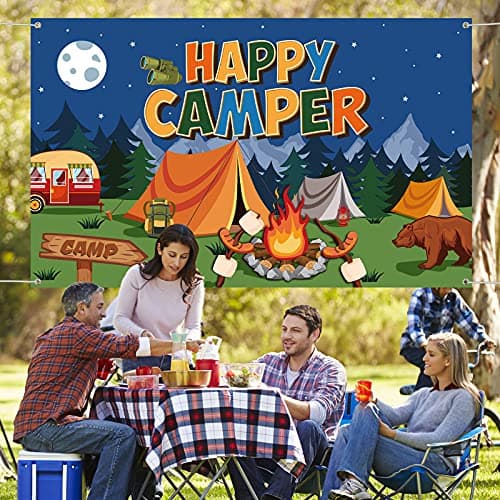 Camping Themed Party Decorations Happy Camper Banner 70.8x43.3 Inch