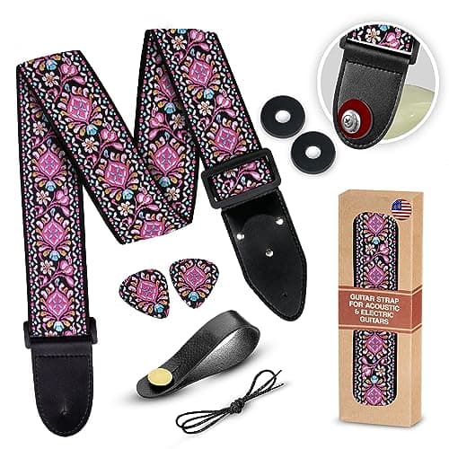 Vintage Woven Embroidered Guitar Strap - White,Adjustable for Acoustic, Electric & Bass Guitars Includes Picks — A Pink Woven