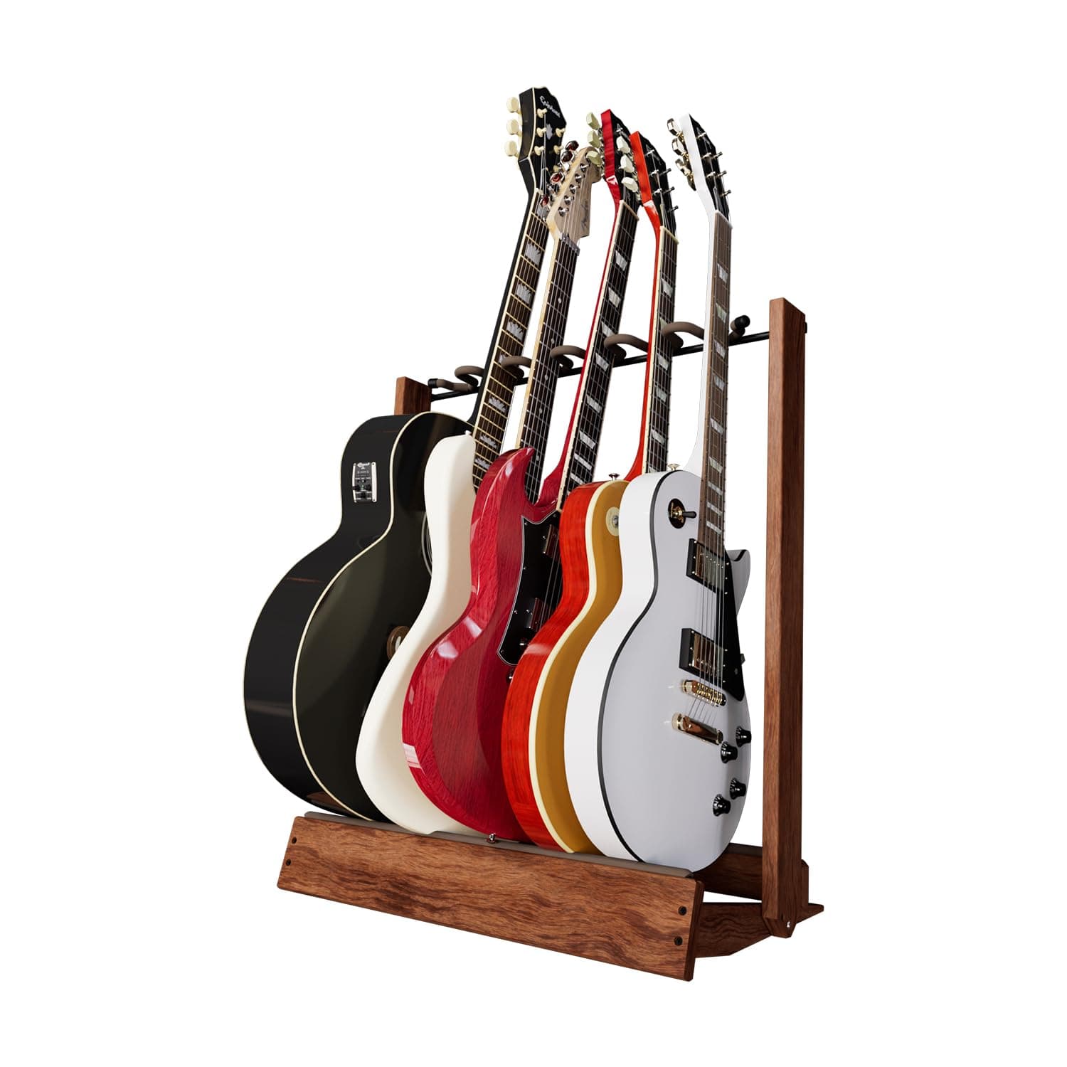 USA-made Multi-Guitar Swing Stand, Hand-Welded Steel & Black Walnut Padded Holders