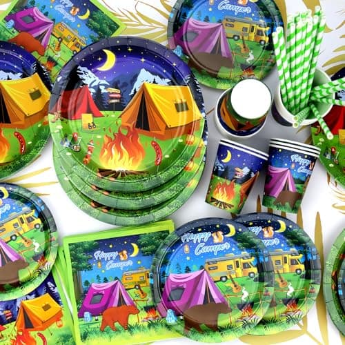 Camping Party Supplies for 20 - Plates, Cups, Napkins, Tablecloth