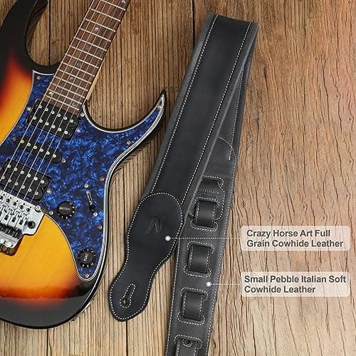 Nefelibata Double-Thick Full-Grain Leather Guitar Strap with Cable Loop (Black)