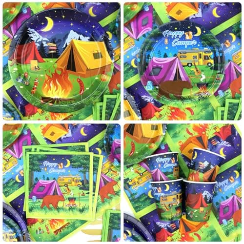 Camping Birthday Party Decor - Tableware, Plates, Cups, Napkins, Tablecloth, Backdrop, Balloons, Cake Toppers (backdrop)