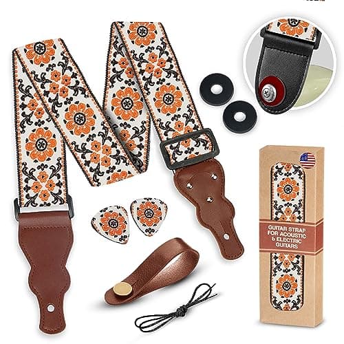 Vintage Woven Embroidered Guitar Strap - White,Adjustable for Acoustic, Electric & Bass Guitars Includes Picks — A Orange Flowers
