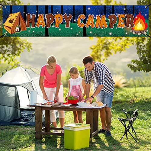 Happy Camper Banner for Camping Theme Parties Indoors Outdoors