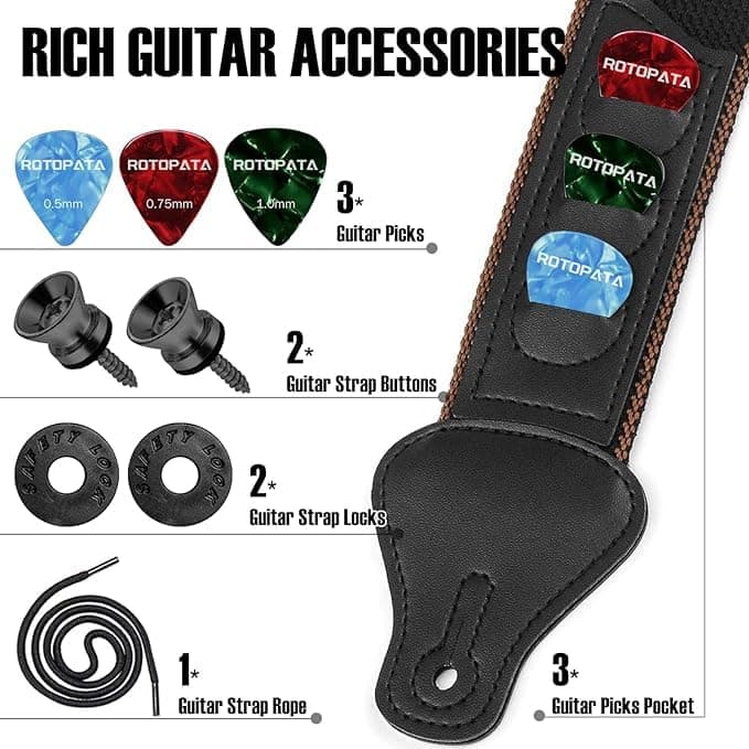 ROTOPATA Black Acoustic Guitar Strap with PU Ends 2 Buttons 2 Locks 3 Picks