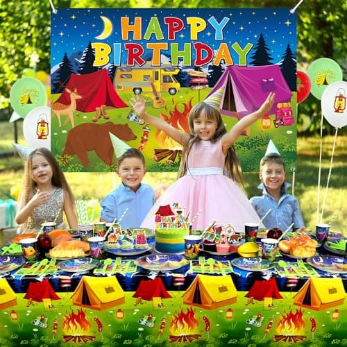 Camping Birthday Party Decor - Tableware, Plates, Cups, Napkins, Tablecloth, Backdrop, Balloons, Cake Toppers (backdrop)