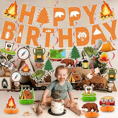 Happy Camper Birthday Party Decorations: Banner, Campfire Swirls, Honeycomb Centerpiece