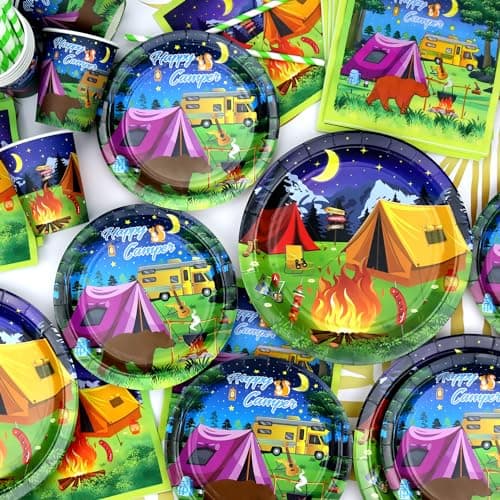 Camping Party Supplies for 20 - Plates, Cups, Napkins, Tablecloth