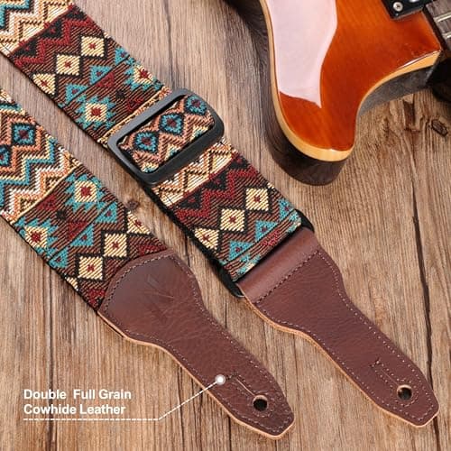 Nefelibata Banjo Strap, Double Full Grain Cowhide Guitar Strap, Adjustable Replacement, Multi-pattern Guitar Strap With Headstock Rope(Boho Brown)