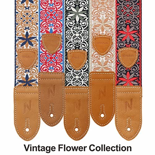 Nefelibata Vintage Woven Guitar Strap, Double Leather Ends, Vintage Blue Gold Embroidery-Free Bonusurities