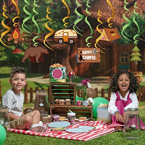 Happy Camper Party Hanging Swirls Decor, Adventure Bears Sign for Kids