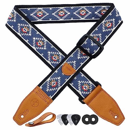 Floral Cotton Guitar Strap 2" Full Grain Leather Ends, Bass/Electric/Acoustic, Free Button & Picks — Blue Diamond
