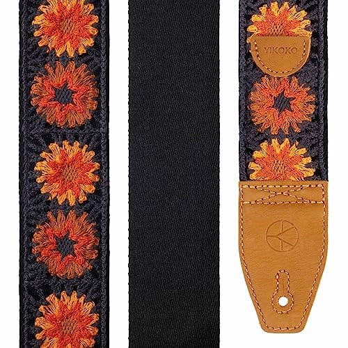 Floral Cotton Guitar Strap 2" Full Grain Leather Ends, Bass/Electric/Acoustic, Free Button & Picks