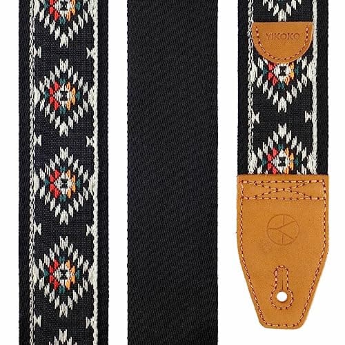 Guitar Strap 2 Inch Embroidery Cotton Guitar Straps with Full Grain Leather End for Bass Electric and Acoustic Guitars Free Strap Button