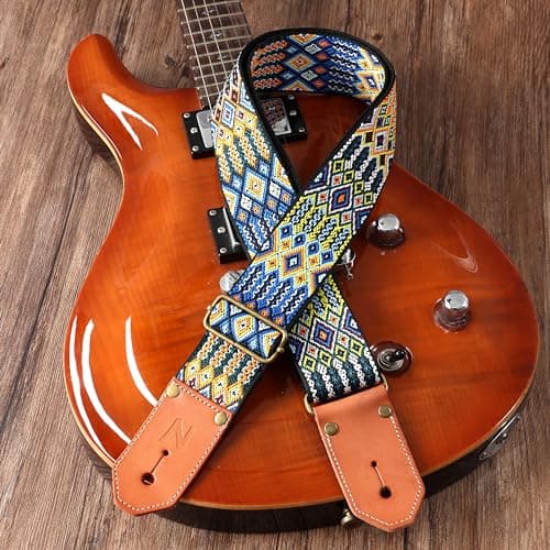 Bohemia Style Woven Cotton Guitar Strap with Leather Ends for Guitarists