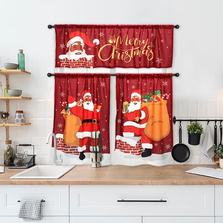 Nefelibata Black Santa Christmas Kitchen Curtains for African American Decor – Set of 2 Panels and 1 Tier Valance