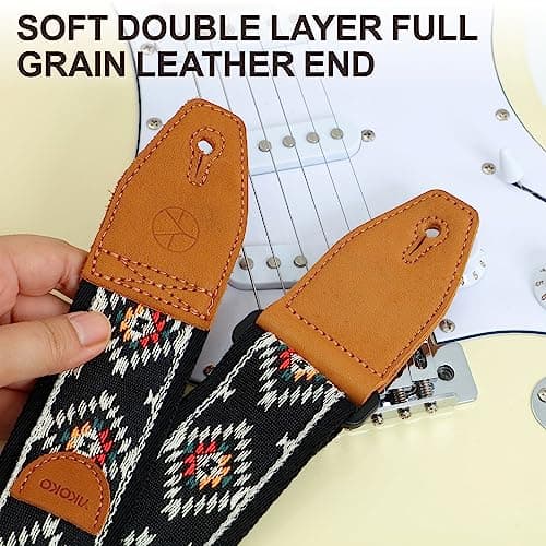 Guitar Strap 2 Inch Embroidery Cotton Guitar Straps with Full Grain Leather End for Bass Electric and Acoustic Guitars Free Strap Button