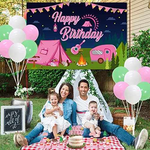 Happy Birthday Camping Party Decorations - Pink Banner & Backdrop, Cake Topper, Garland & Cupcake Topper
