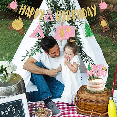 Pink Glitter Camping Birthday Banner & Toppers for Girl Parties