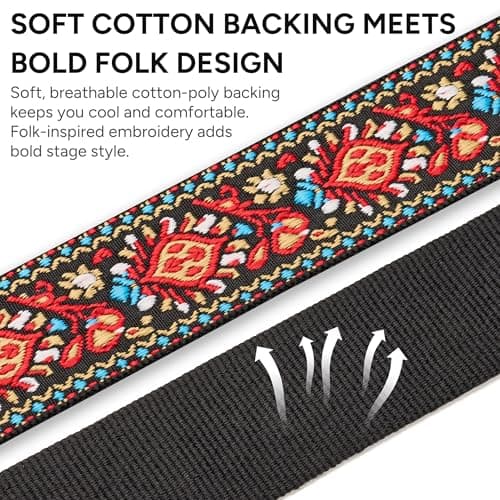 Amumu Red Flower Embroidery Guitar Strap for Acoustic, Electric & Bass - 2" Wide