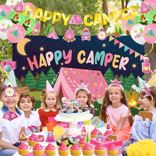 Roetyce Camping Party Decorations: Pink Happy Camper Banner Balloons Kit