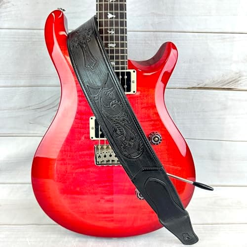 Walker & Williams Black Padded Guitar Strap with Christian Tooling & Cross