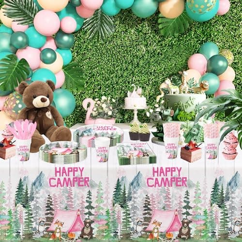 Happy Camper Girl Birthday Party Tablecloth - Camping Theme Decorations - 3 Pack