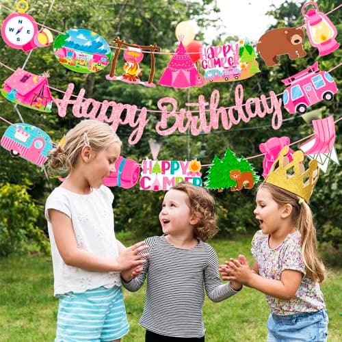 Happy Camper Girls Birthday Party Banners - 2PCS Camping Decorations