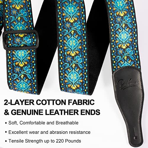 Jacquard Embroidered Cotton Guitar Strap with Leather Ends for Bass, Acoustic & Electric