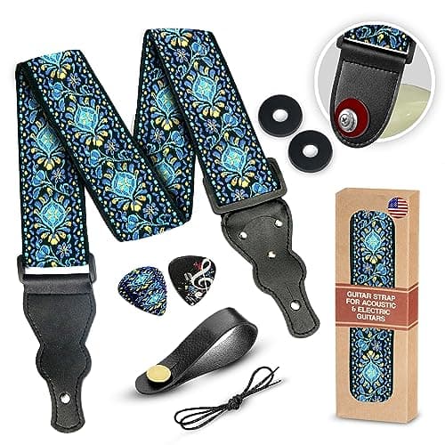 Vintage Woven Embroidered Guitar Strap - White,Adjustable for Acoustic, Electric & Bass Guitars Includes Picks — A Blue Woven