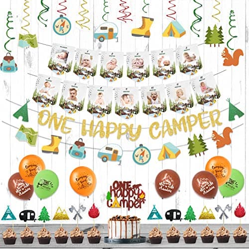 One Happy Camper First Birthday Party Decorations, Hombae Hanging Glitter Banner