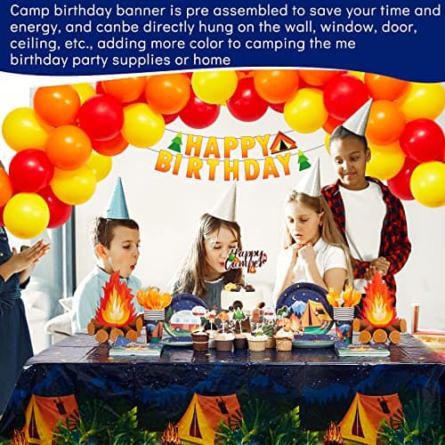Camping Party Supplies: Paper Plates, Banner, Cupcake Toppers, Tablecloth, Centerpiece, Balloons