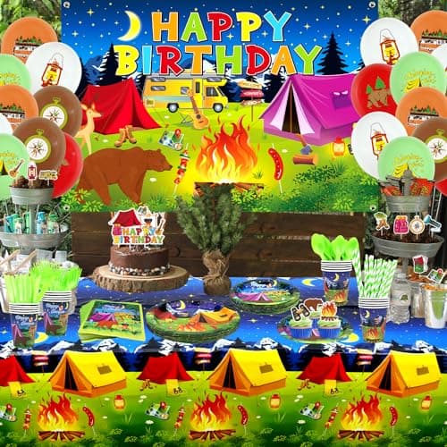 Camping Birthday Party Decor - Tableware, Plates, Cups, Napkins, Tablecloth, Backdrop, Balloons, Cake Toppers (backdrop)
