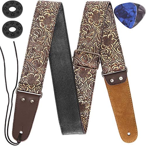 Anwenk Stamped Leather Guitar Strap for Electric Bass, Vintage 60's Style, Genuine Leather Ends, Includes 2 Picks