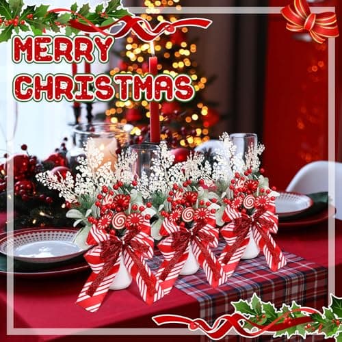 Christmas Mason Jars Decor Set with Peppermint Candy and Faux Plants for Holiday Table Centerpiece