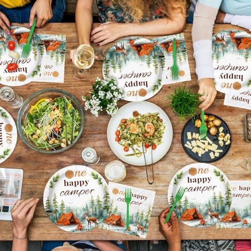 One Happy Camper Camping Party Decorations - 96PCS Disposable Dinnerware for 24 Guests