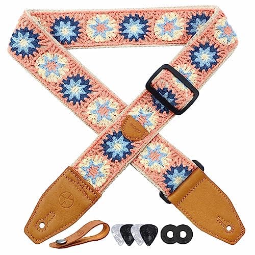 Floral Cotton Guitar Strap 2" Full Grain Leather Ends, Bass/Electric/Acoustic, Free Button & Picks — Pink Daisy