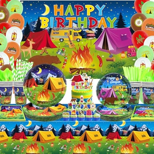 Camping Birthday Party Decor - Tableware, Plates, Cups, Napkins, Tablecloth, Backdrop, Balloons, Cake Toppers (backdrop)
