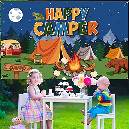Camping Themed Party Decorations Happy Camper Banner 70.8x43.3 Inch
