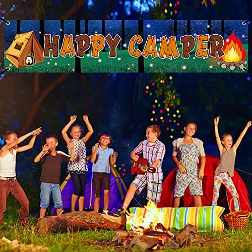 Happy Camper Banner for Camping Theme Parties Indoors Outdoors