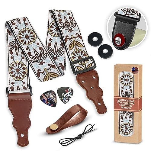 Vintage Woven Embroidered Guitar Strap - White,Adjustable for Acoustic, Electric & Bass Guitars Includes Picks