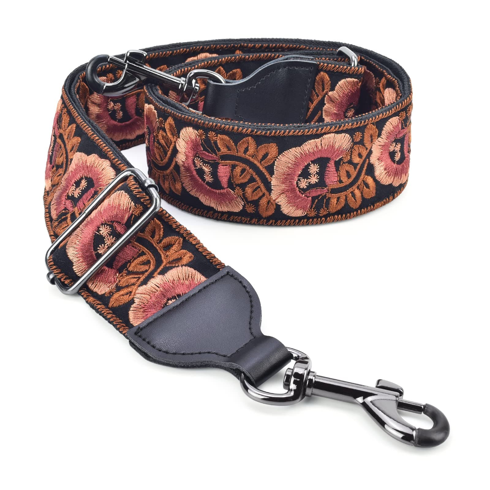 Banjo Strap Guitar Strap with Leather Ends and Metal Clips (Flowers)