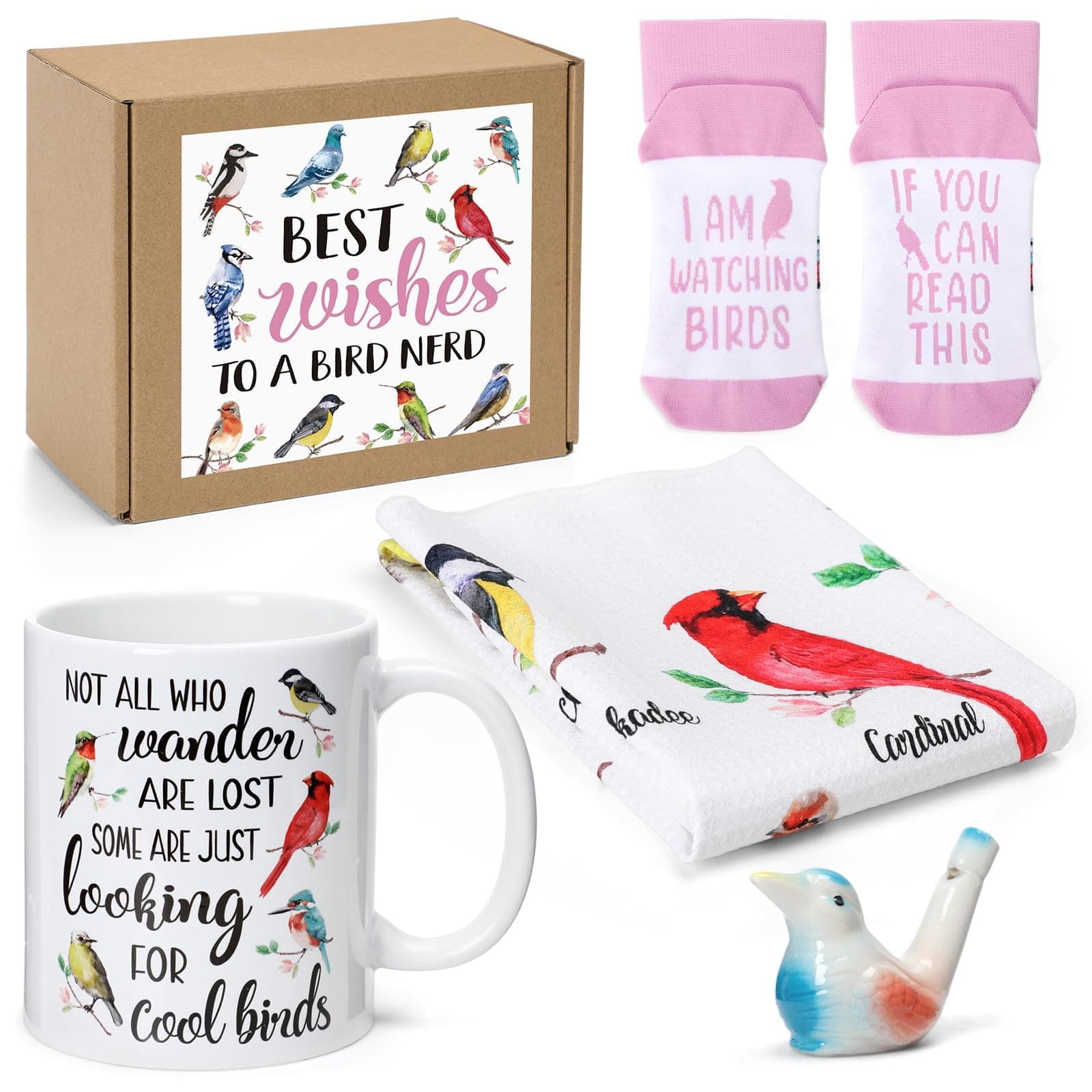 Nefelibata 4-in-1 Bird Lovers Gift Set for Women: Mug, Socks, Water Whistle, and Kitchen Towel