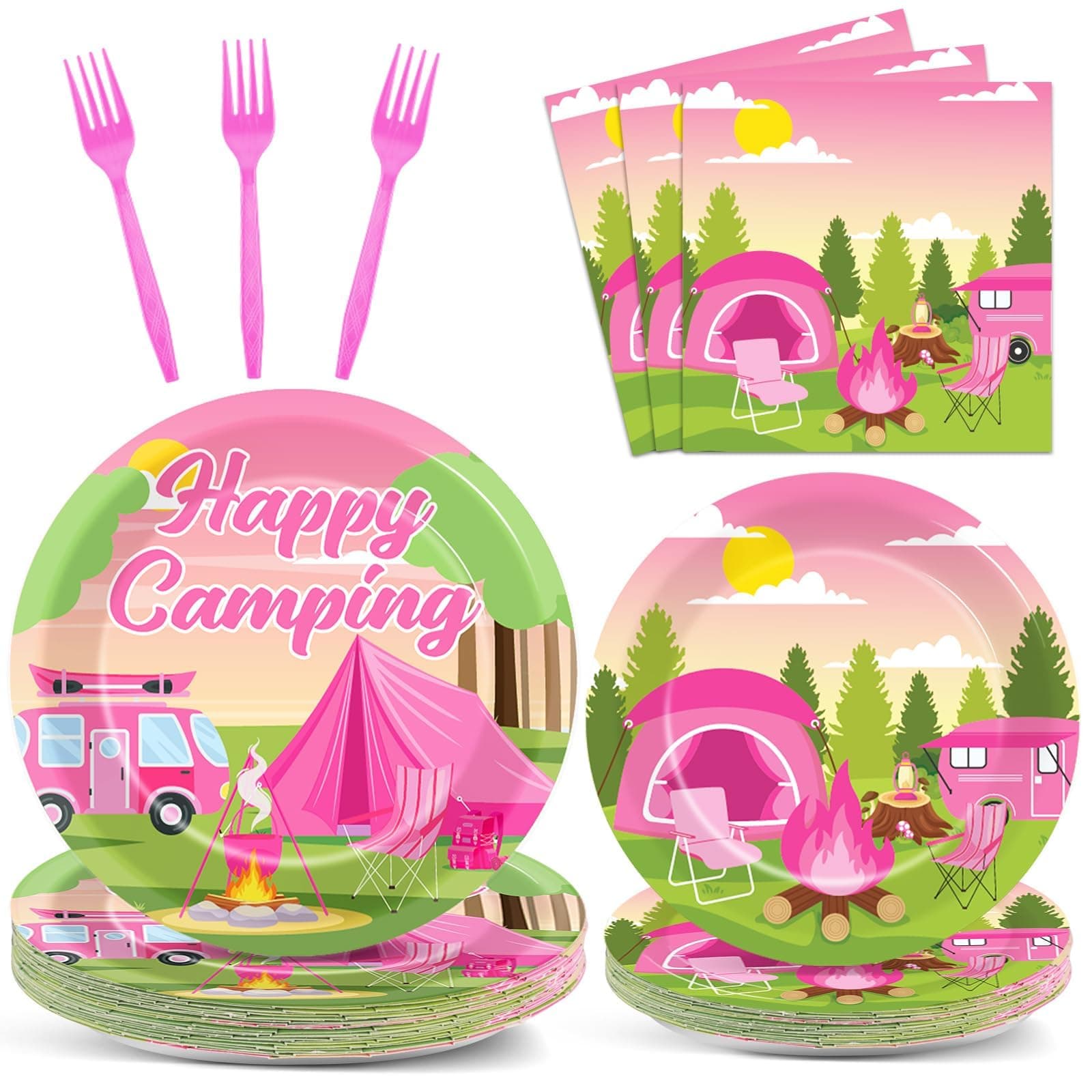 Pink Camping Party Supplies Paper Plates & Napkins - Serves 25