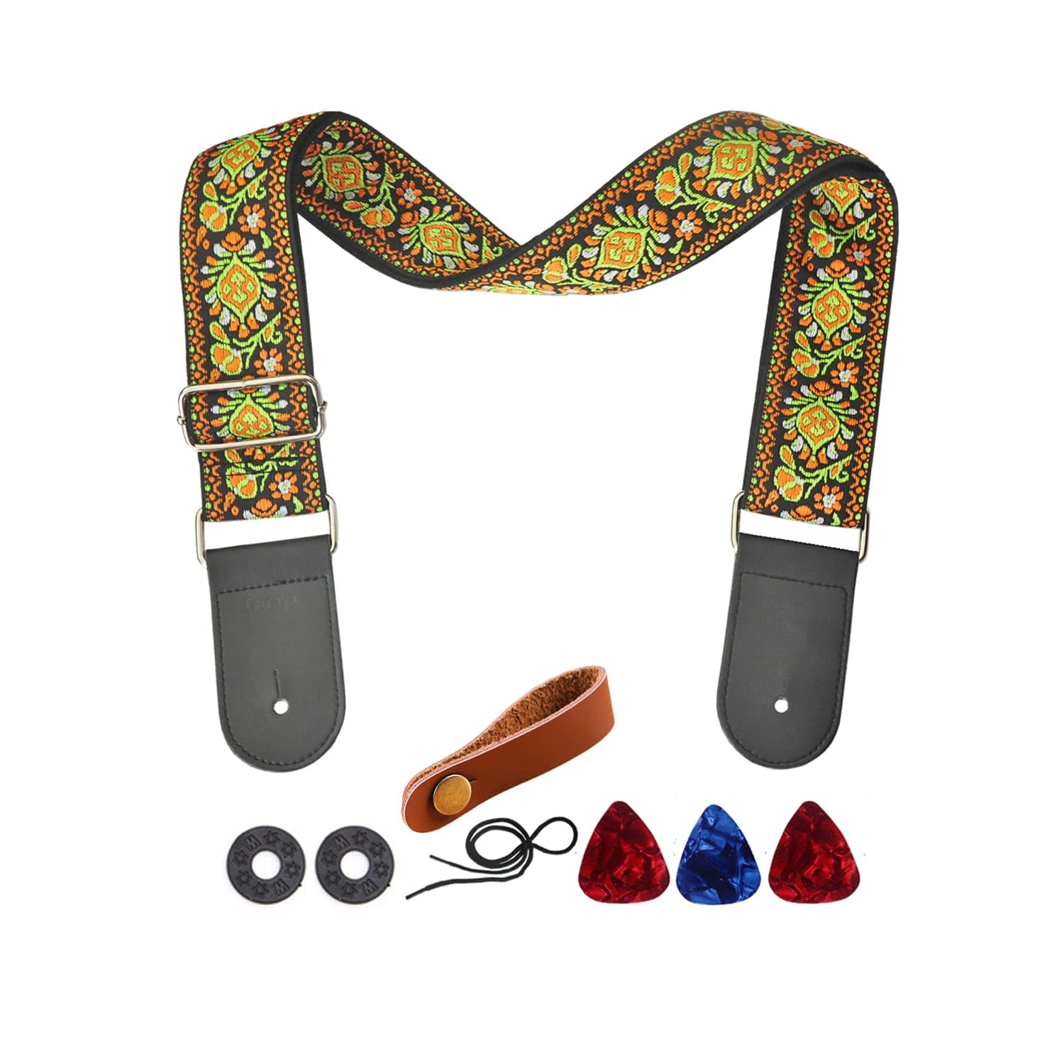 Yellow Flower Jacquard Weave Acoustic Bass Guitar Strap with 2 Locks + 3 Picks
