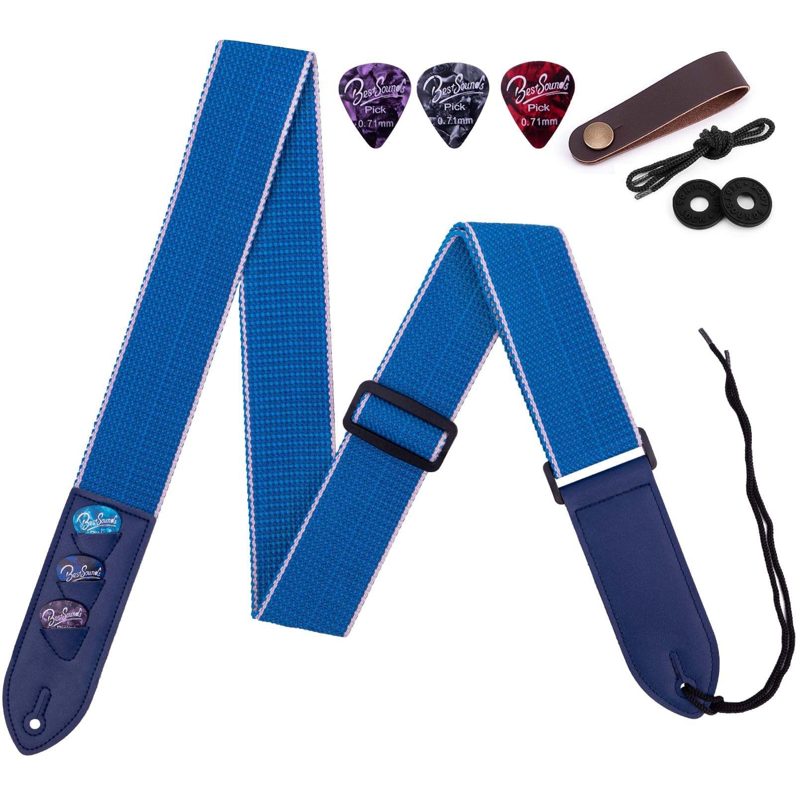 BestSounds Acoustic & Electric Guitar Strap with Leather Neck Strap, 3 Picks & 2 Button Blocks