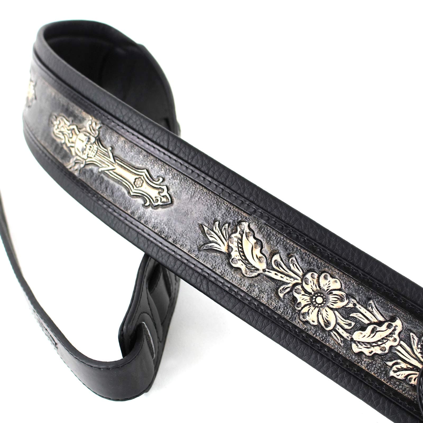 Walker and Williams KB-02-BLK Distressed Black Floral Skull Leather Guitar Strap
