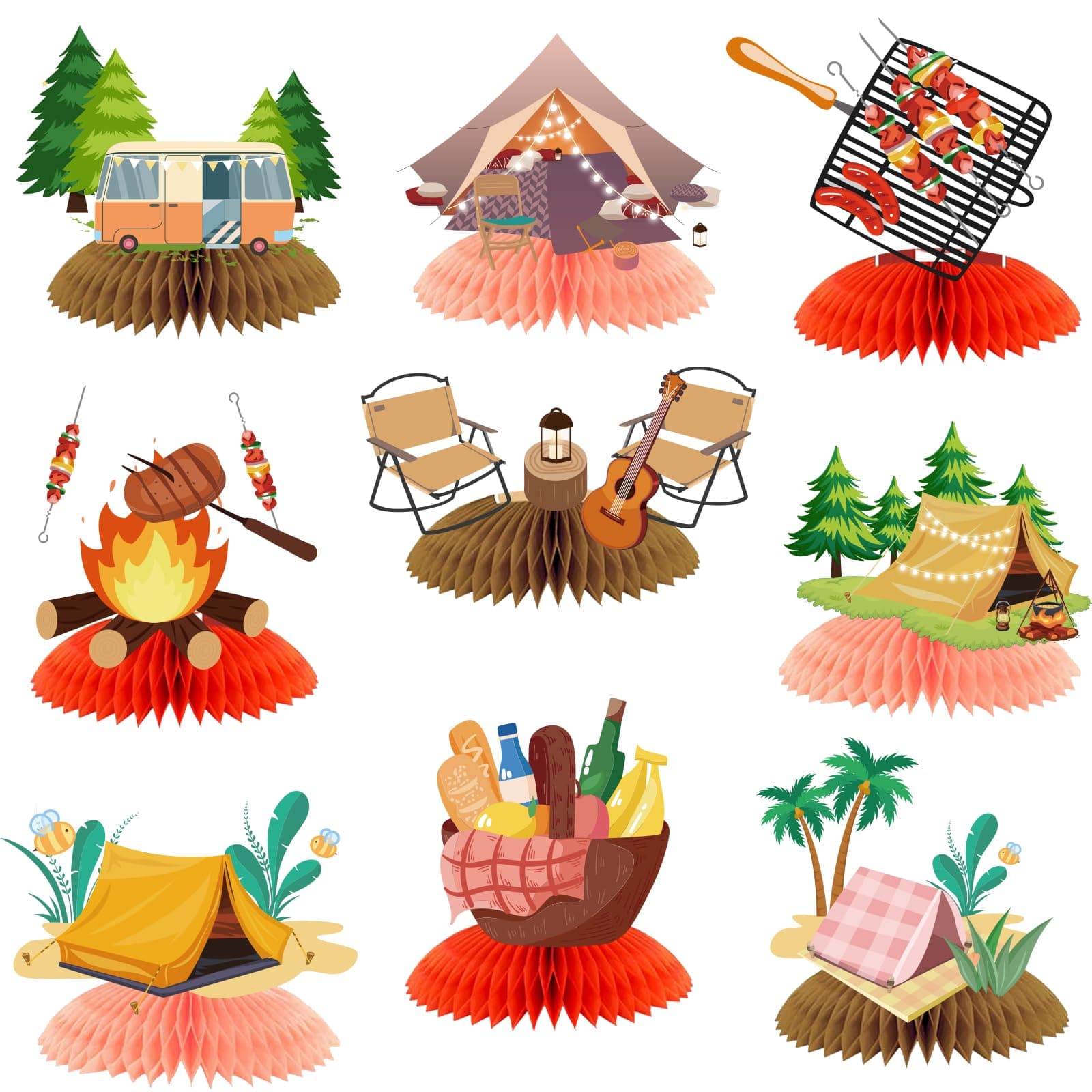 Camping Party Honeycomb Centerpieces for Kids Birthday Decorations